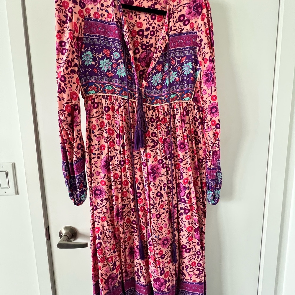 Pink and Purple V-Neck Long Sleeve Sundress